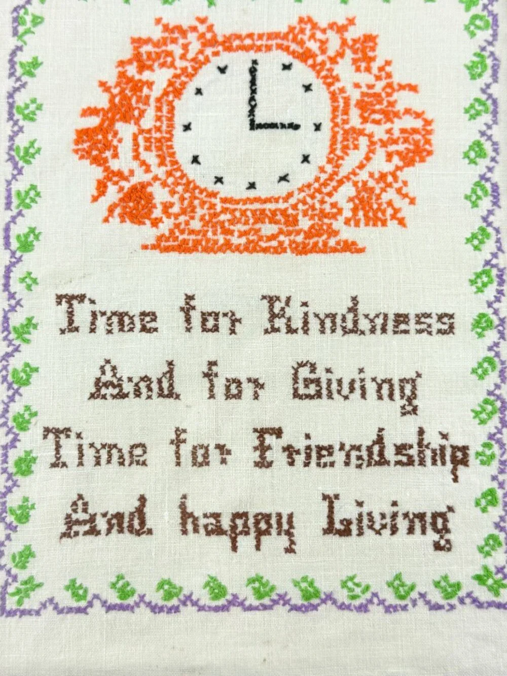 Vintage Handmade Cross Stitch Art Time For Kindness In Wooden Frame 15x12